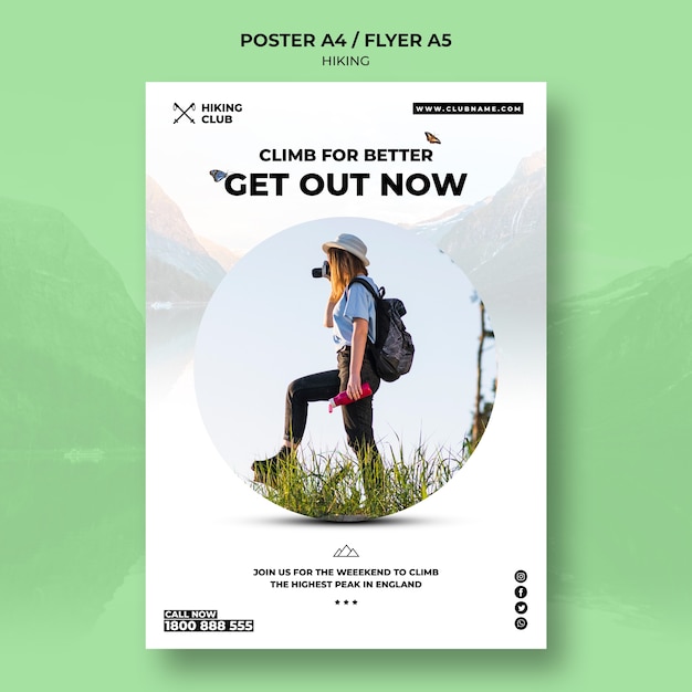 hiking poster concept with woman and binoculars