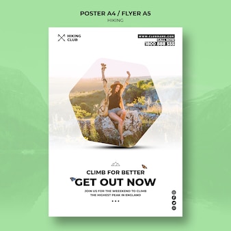 Hiking poster concept with woman sitting on a rock