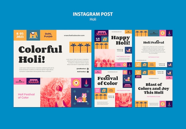 PSD gratuito set di post su instagram per la celebrazione del festival di holi