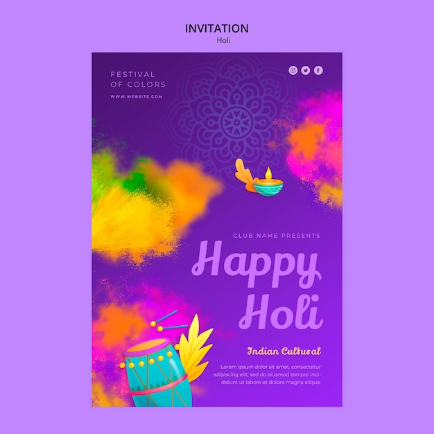 Free PSD holi festival celebration invitation template