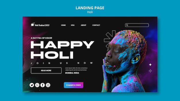 PSD gratuito modello di pagina di destinazione per la celebrazione del festival di holi