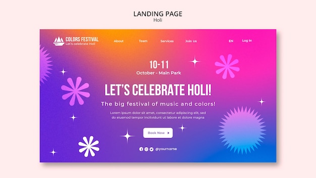 PSD gratuito modello di pagina di destinazione per la celebrazione del festival di holi