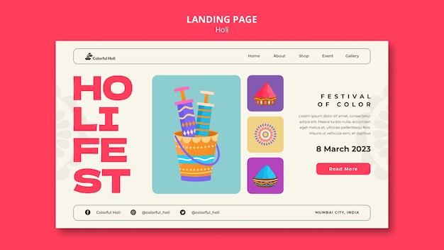 Free PSD holi festival celebration landing page template