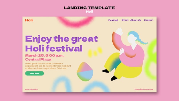 Free PSD holi festival celebration landing page template