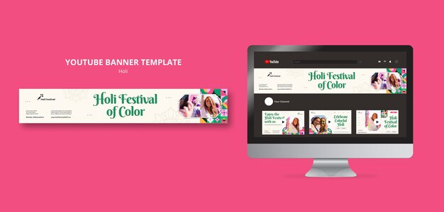 PSD gratuito modello di banner youtube per la celebrazione del festival di holi