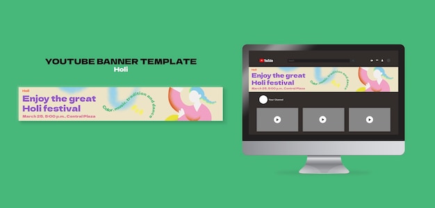 Holi Festival Celebration YouTube Banner Template – Free PSD Download