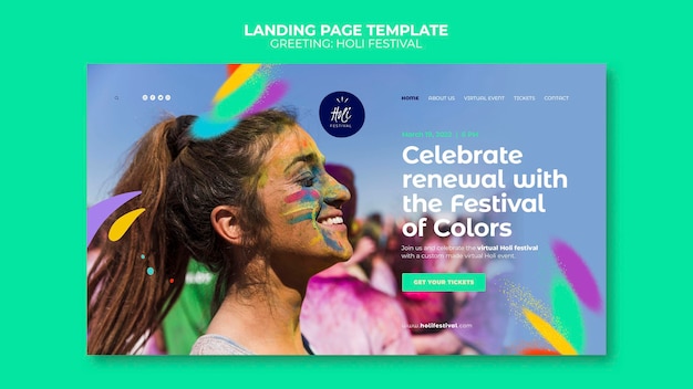 PSD gratuito modello di pagina di destinazione del festival di holi