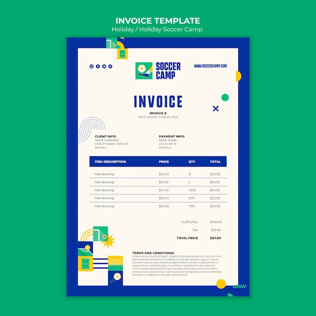 Free PSD holiday soccer camp invoice template