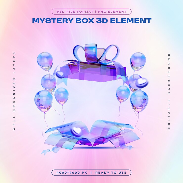 Free PSD holographic birthday blast surprise gift box isolated 3d render