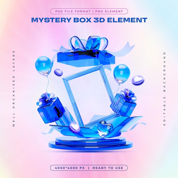 Free PSD holographic birthday blast surprise gift box with portrait frame isolated 3d render