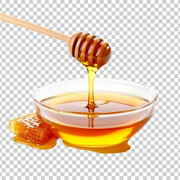 Honey stick and bowl of pouring honey isolated on a transparent background