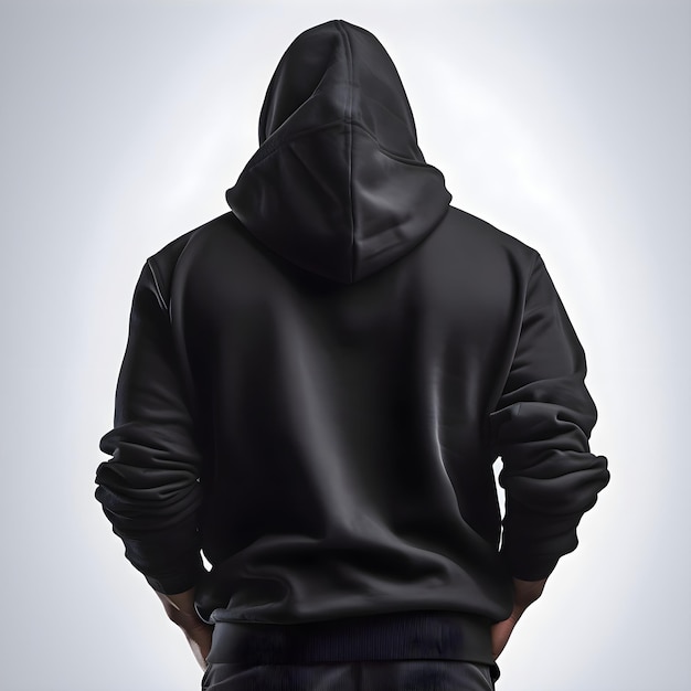 Free PSD hooded man in a black hooded sweatshirt on a light background