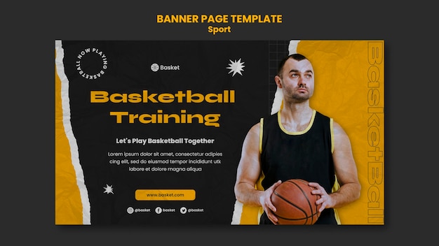 PSD gratuito banner orizzontale per partita di basket con giocatore di sesso maschile