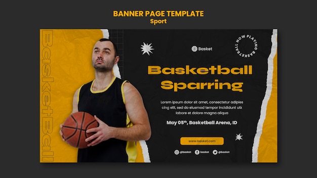 PSD gratuito banner orizzontale per partita di basket con giocatore di sesso maschile