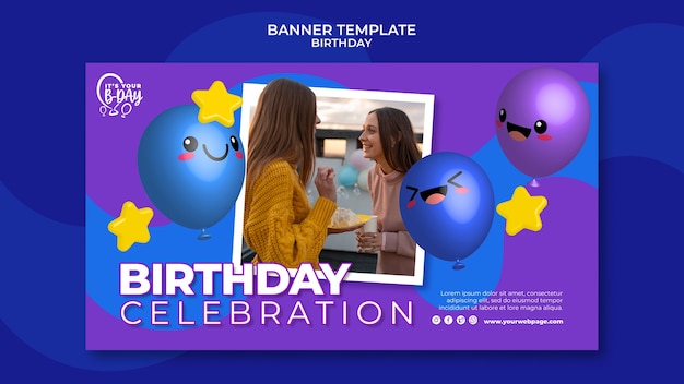 Horizontal banner for birthday party with funny balloons