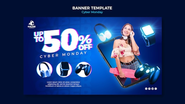 Banner orizzontale per cyber lunedì con donna e oggetti