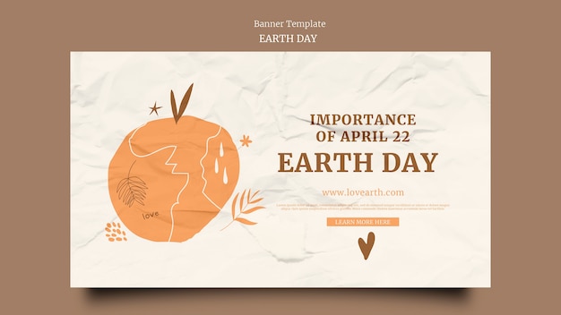 Horizontal banner for earth day with wrinkled paper texture and hand drawn elements