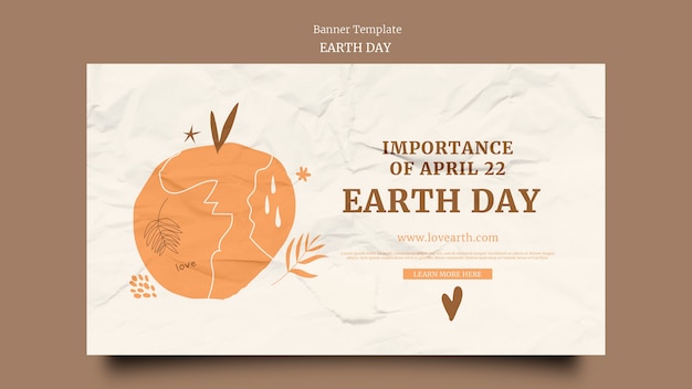 Free PSD horizontal banner for earth day with wrinkled paper texture and hand drawn elements