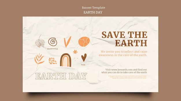 Free PSD horizontal banner for earth day with wrinkled paper texture and hand drawn elements