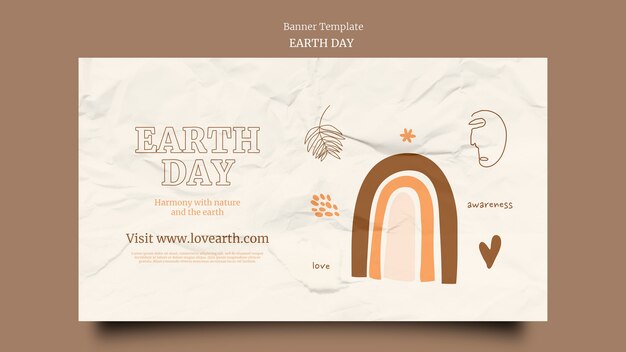 PSD gratuito banner orizzontale per la giornata della terra con texture di carta rugosa ed elementi disegnati a mano