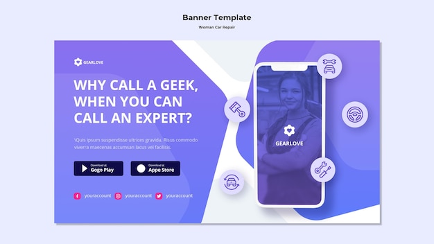 PSD gratuito banner orizzontale per meccanico auto femminile