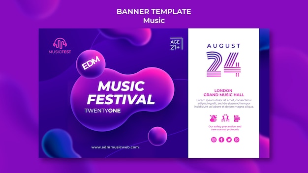 Бесплатный PSD Горизонтальный баннер для фестиваля электронной музыки с формами неонового жидкого эффекта