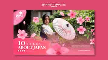 Бесплатный PSD Горизонтальный баннер для путешествия в японию с женщиной и цветущей вишней