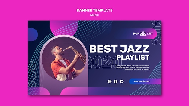 Horizontal banner for music with male jazz player and saxophone