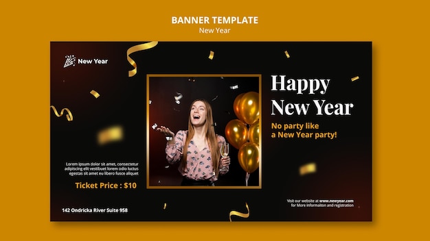 Free PSD horizontal banner for new year party with woman and confetti