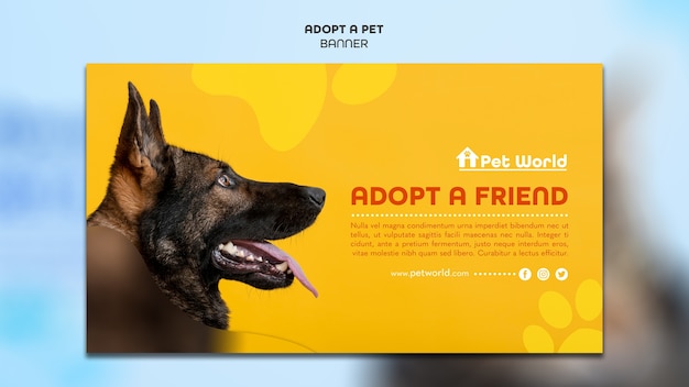 PSD gratuito banner orizzontale per adozione di animali domestici con cane