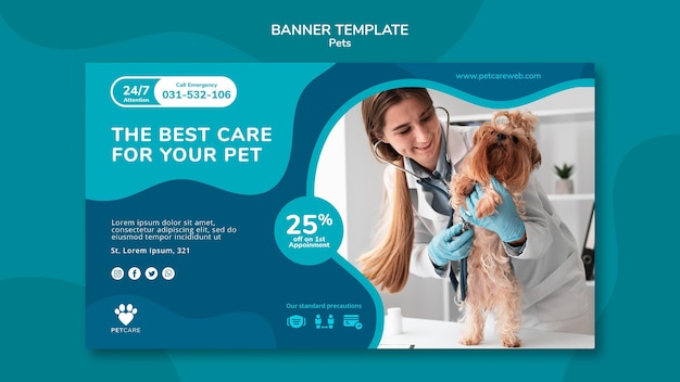 PSD gratuito banner orizzontale per la cura degli animali domestici con veterinario femmina e cane yorkshire terrier