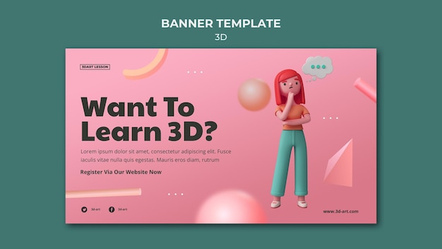 Horizontal banner template for 3d design with woman