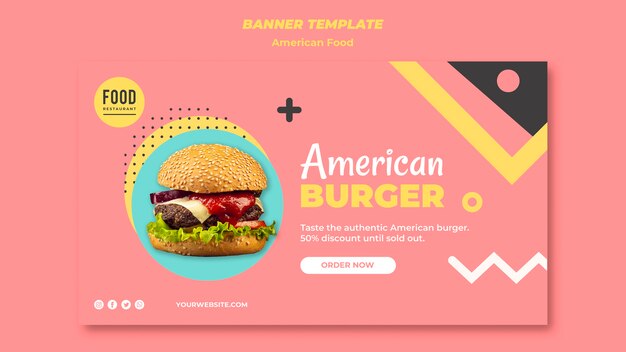 Горизонтальный баннер шаблон для американской еды с гамбургером