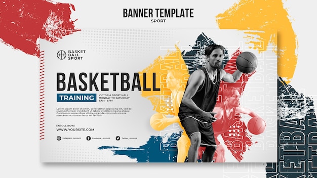 PSD gratuito modello di banner orizzontale per basket con giocatore maschio male