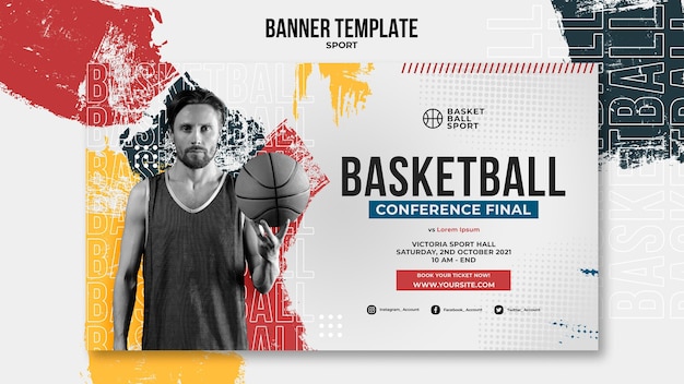 Modello di banner orizzontale per basket con giocatore maschio male