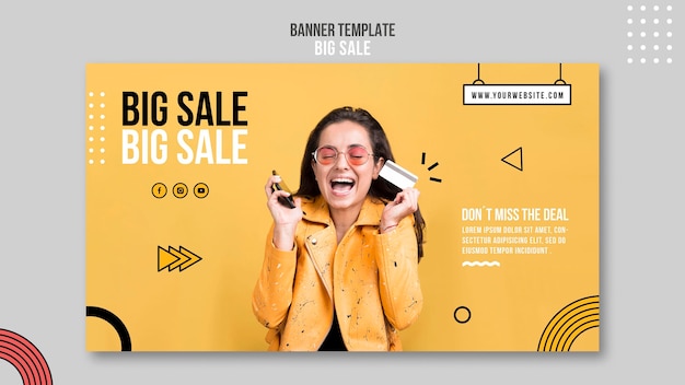 PSD gratuito modello di banner orizzontale per grande vendita con donna