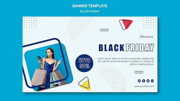 मुफ़्त PSD horizontal banner template for black friday with woman and triangles