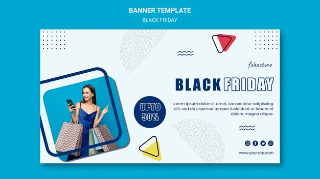Horizontal banner template for black friday with woman and triangles