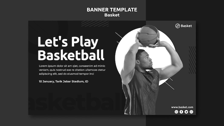 मुफ़्त PSD horizontal banner template in black and white with male basketball athlete