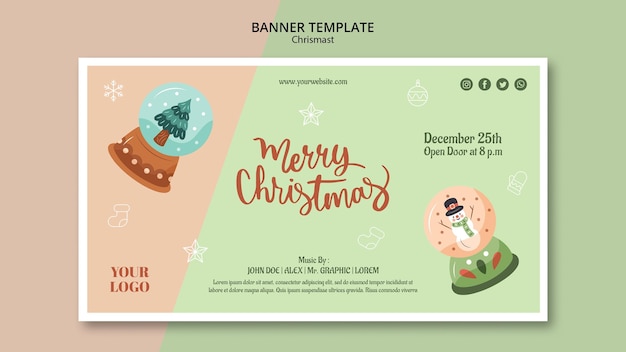 Modello di banner orizzontale per natale con globi di neve