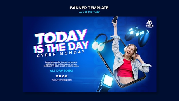 Horizontal banner template for cyber monday with woman and items