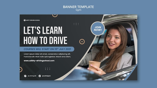 Free PSD horizontal banner template for driving school with female driver in car