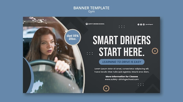 Horizontal banner template for driving school with female driver in car