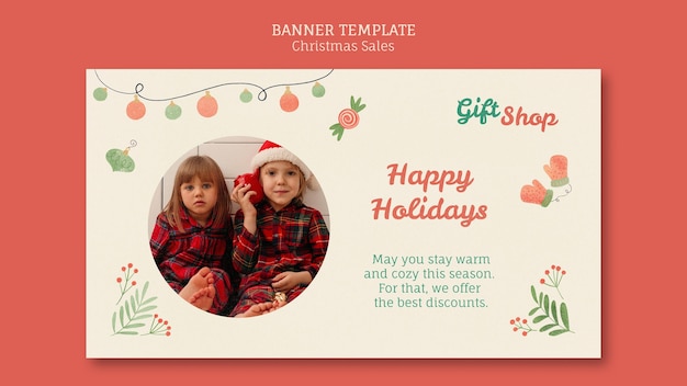 無料PSD 子供とのクリスマスセールのための水平バナーテンプレート