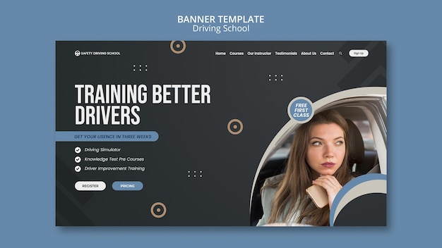車の中で女性ドライバーと学校を運転するための水平バナーテンプレート