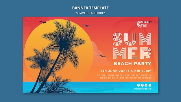 無料PSD 夏のビーチパーティーの水平バナーテンプレート