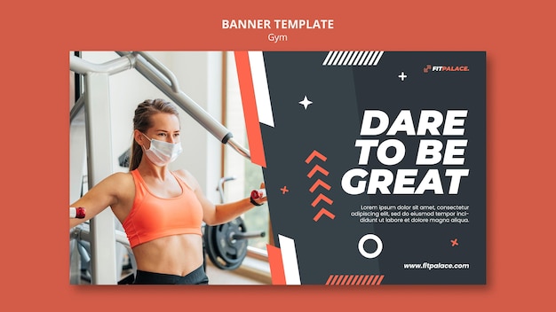 Free PSD horizontal banner template for gym workout with woman wearing medical mask