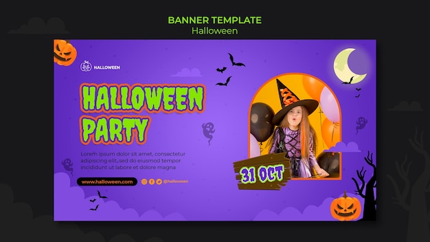 Horizontal banner template for halloween with kid in costume