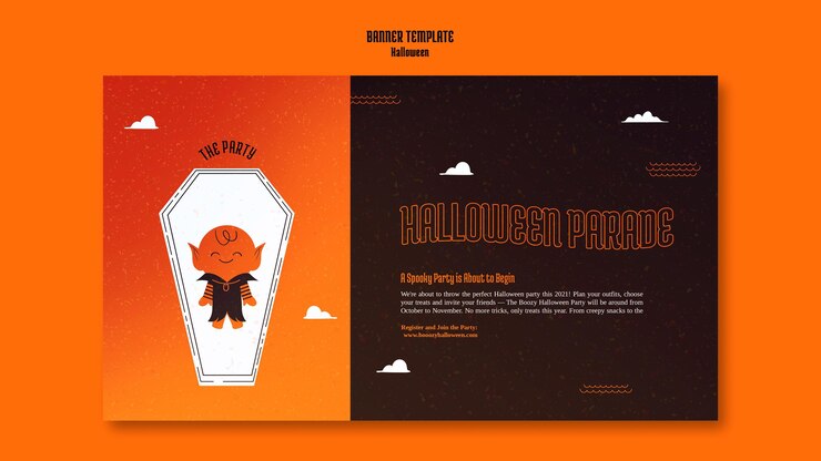 Free PSD horizontal banner template for halloween with vampire in coffin