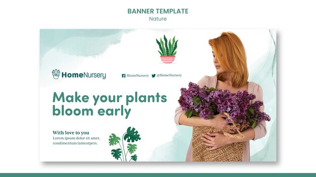 horizontal banner template for houseplants care with woman